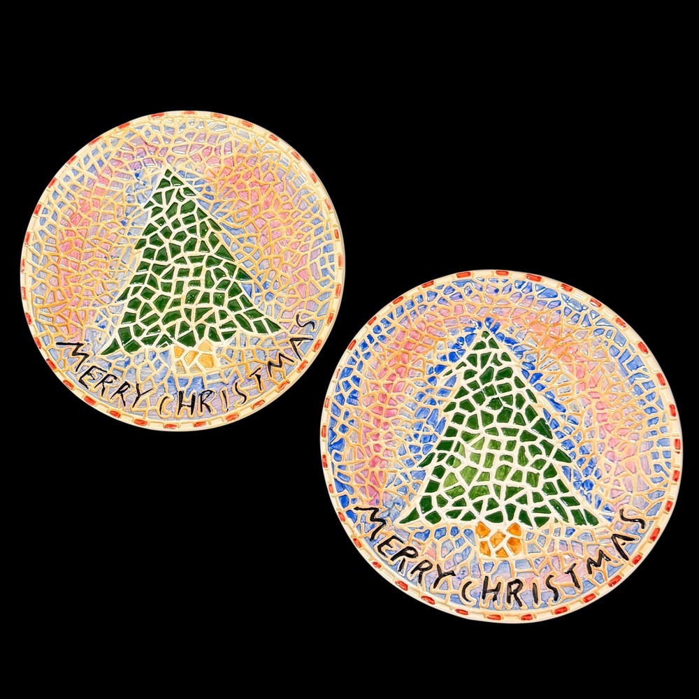 Merry Christmas Mosaic Tree Ceramic Appetizer Plates Set of 2 Multicolor 6.5in *
